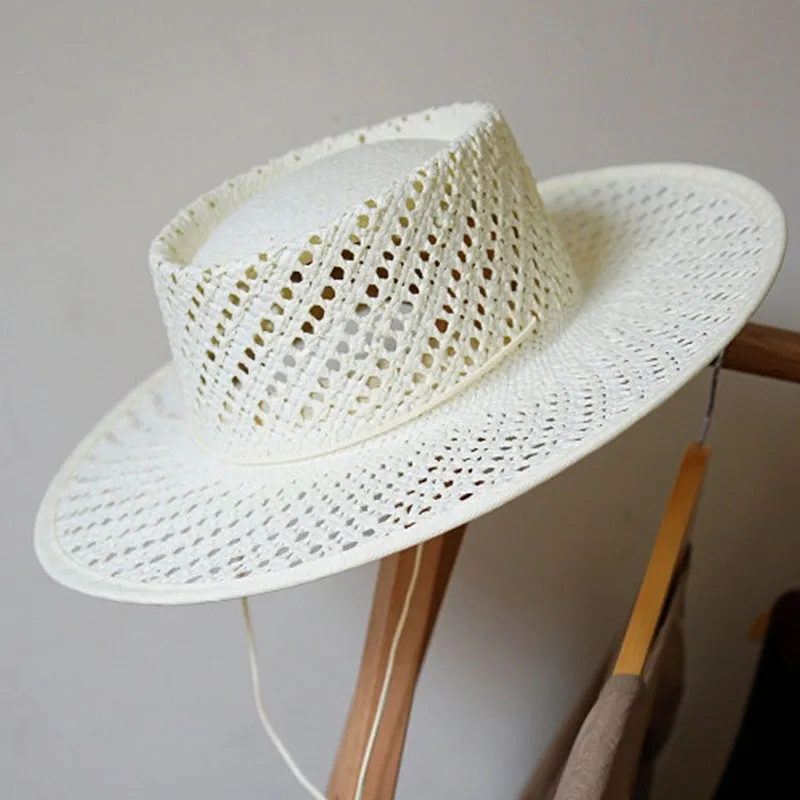 Handmade White Straw Hat Wide Brim Hollow Out Style Boater Hat  Min Wind Rop Summer Hat Women Beach Hat Party Holiday Travel Hat