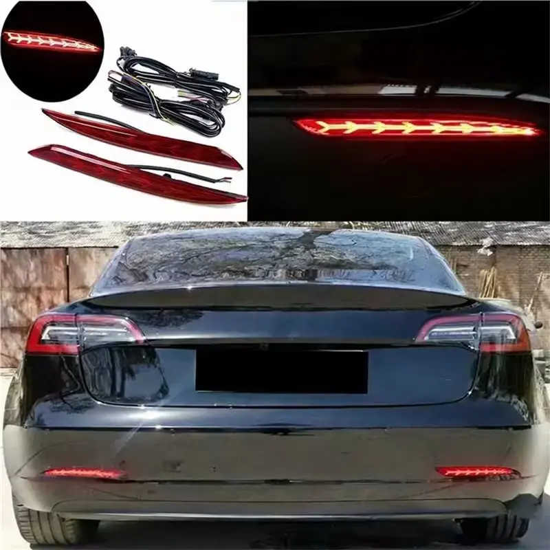 Ingenious-For Tesla Model 3 Model Y Rear Fog Lights LED Taillights Car Brake Lights Rear Bumper Fishbone Lighting System