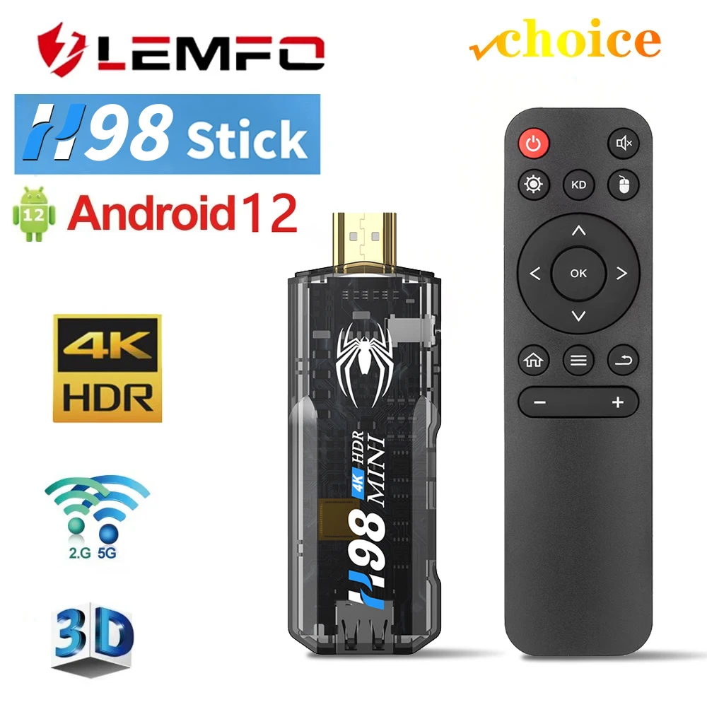 H98 Mini TV Stick Android 12 Quad Core ARM Cortex-H313 3D 4K BT5.3 Wifi2.4&5 Android TV Box ChromeTV Netflix YouTube Disney