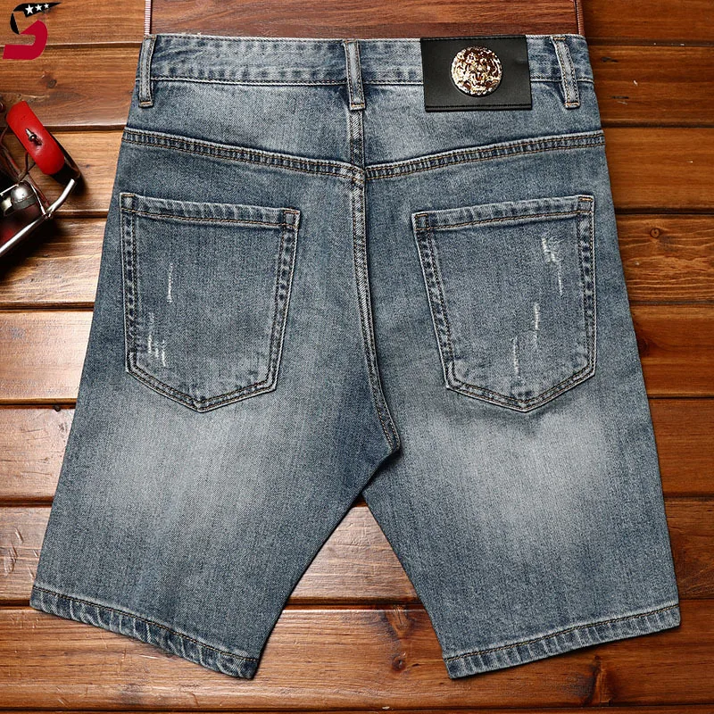 Summer Fashion High-End Ripped Denim Shorts Men's Stretch Slim Fit Fashion Haulage Motor Style Street Retro Blue Shorts