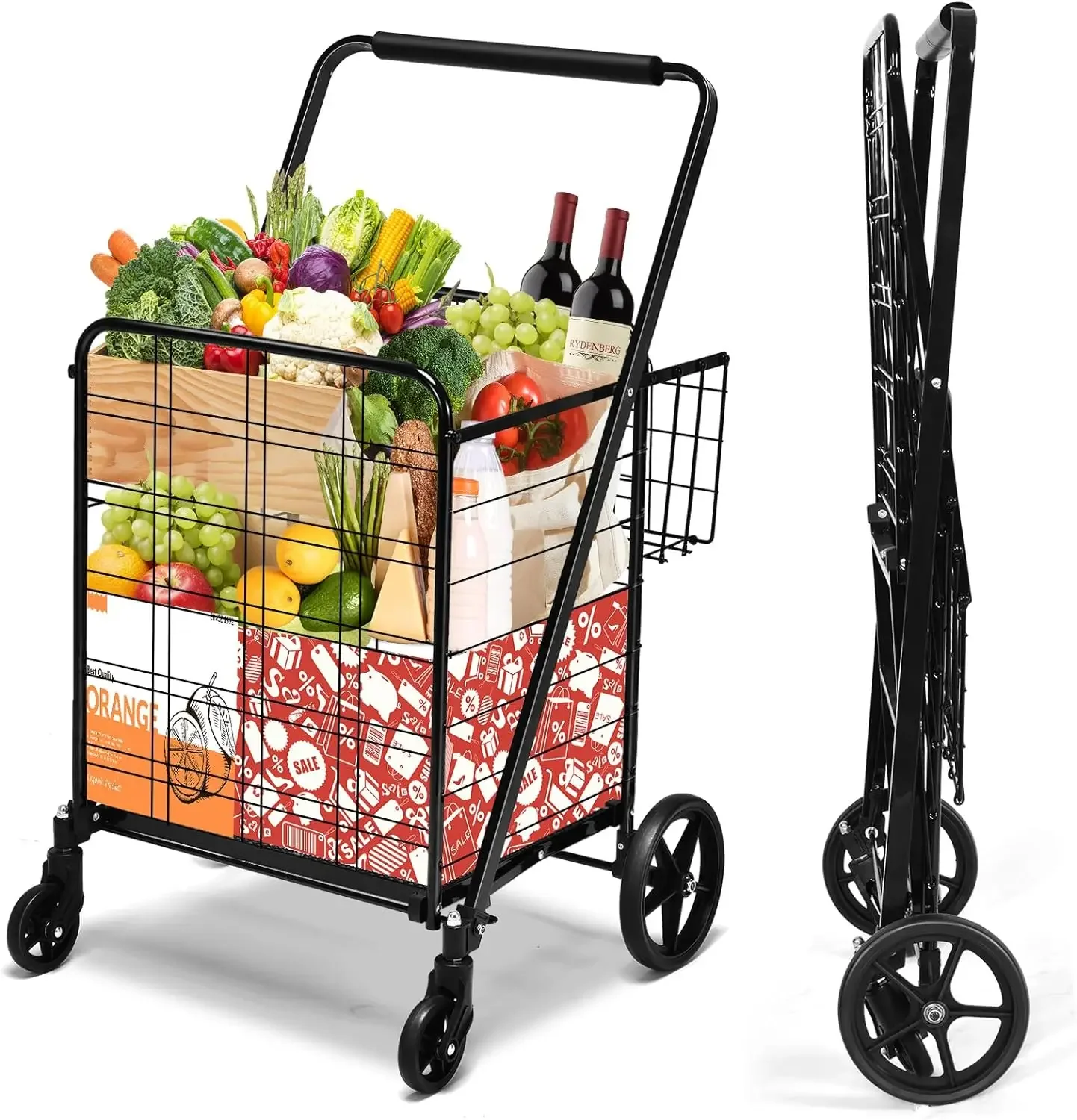 Jumbo Shopping Cart, Foldable Heavy Duty Grocery Cart w/ 360° Rolling Swivel Wheels & Double Basket, 330 LBS Weight Capacity