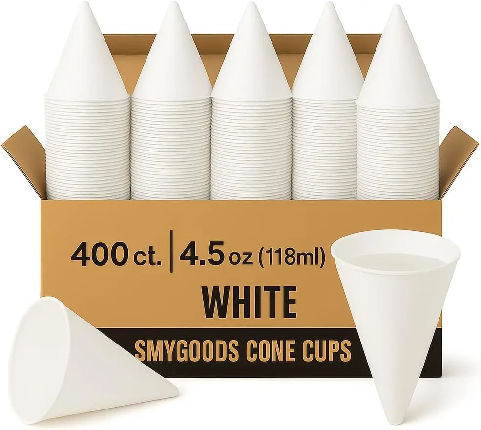 

Disposable White Paper Cone Cups (Pack of 400-4.5 oz) Eco-Friendly, Leak-Proof, Ideal for Events, Water Coolers, Quick H