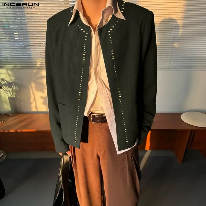

INCERUN мужские куртки с открытой строчкой и длинными рукавами, однотонные пальто, мужская уличная одежда, свободная модная повседневная мужская верхняя одежда, куртки S-5XL