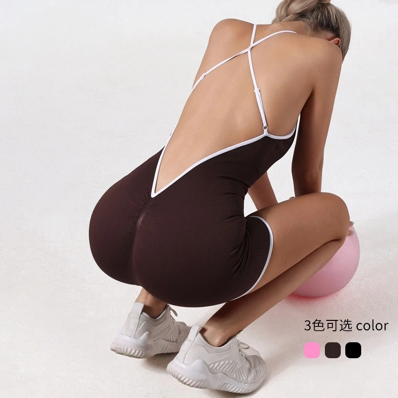 

Женский комбинезон с перекрещенной спиной, весенне-летняя контрастная одежда для йоги, быстросохнущий комбинезон для фитнеса с подтяжкой бедер