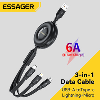 Essager 6A Retractable  3 in 1 USB Charge Cable For Macbook Samsung Xiaomi Micro USB Type C Cable Charging Cable for iPhone 66w