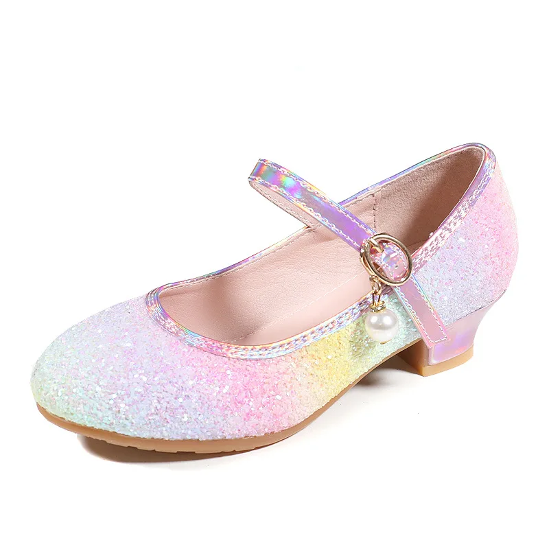 Spring Autumn Rainbow Kids Dance Party Girls High Heel Student Performance Leather Shoes Children Princess Casual Footwear 26-38