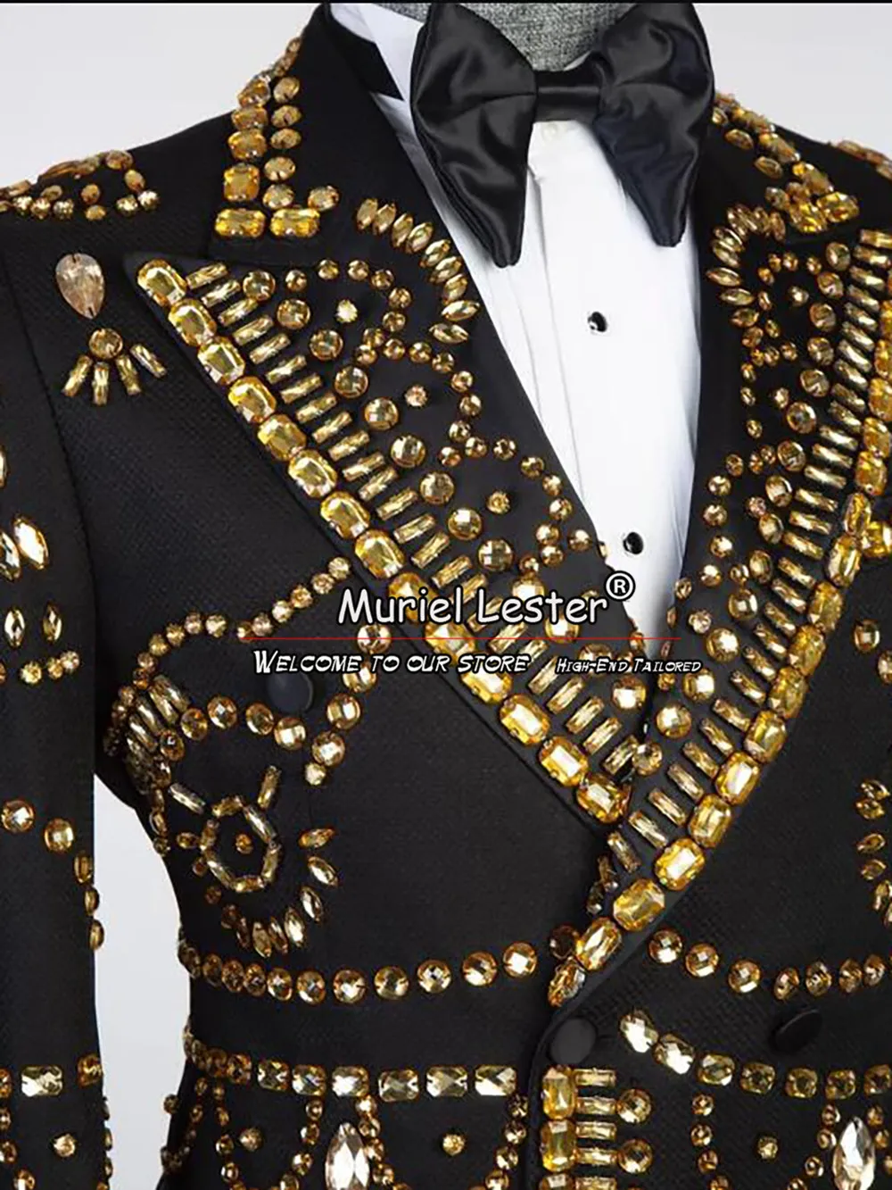 Black Men\'s Suits Formal Groom Wedding Tuxedo Double Breasted Jacket Pants 2 Pieces Golden Beading Prom Blazer Man Clothing 2024