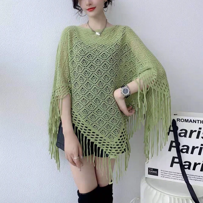 Spring Autumn New Pullover Cape Women Hollow flower Knitting Poncho Capes Batwing Sleeves Shawls Sunscreen Solid Cloak Blue P7