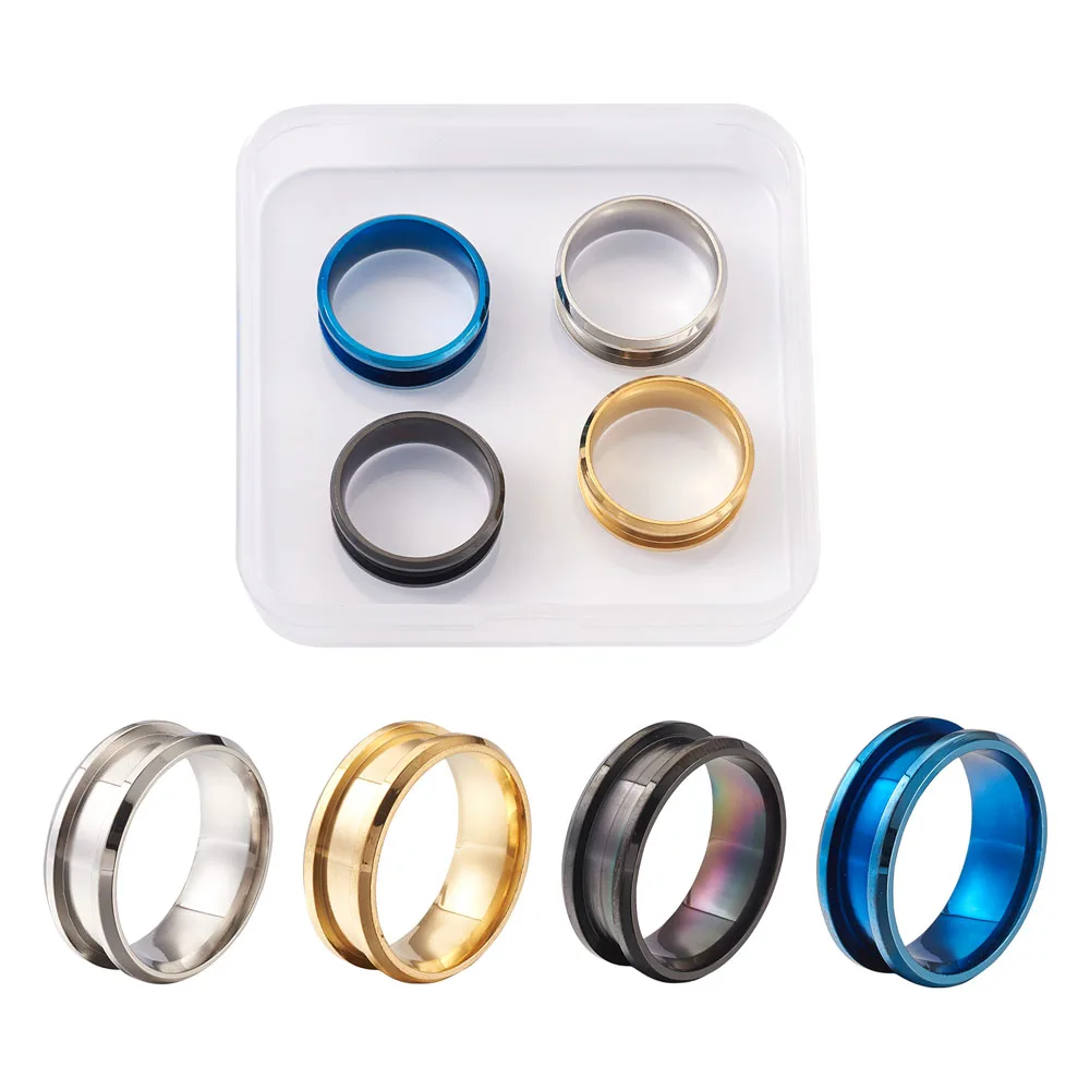 4pcs Stainless Steel Grooved Finger Ring Settings Ring Core Blank for Inlay Ring Jewelry Making Mixed Color