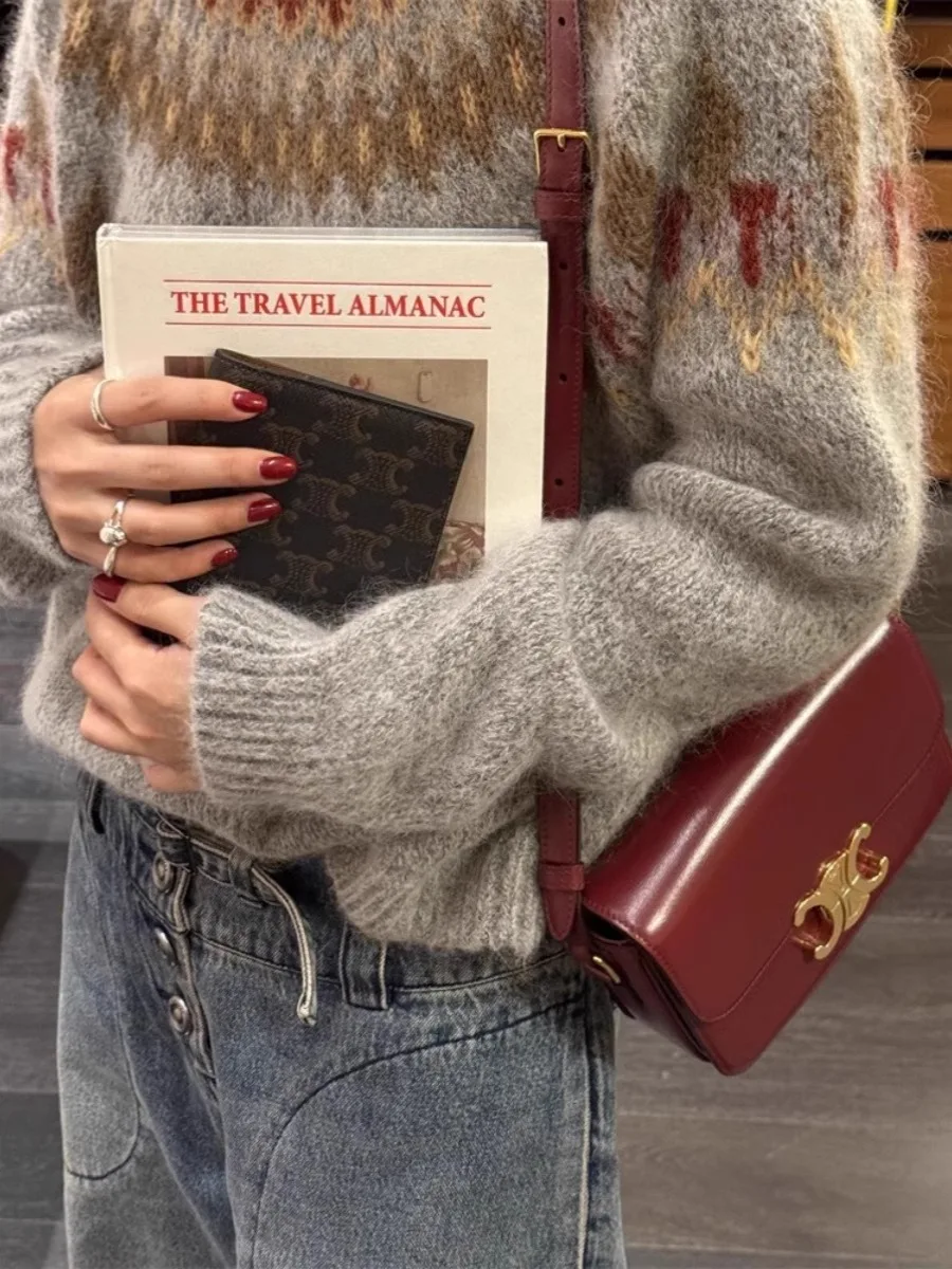 

Ay Fair Isle вязаный мохеровый свитер Cisas с узором, женский свободный ленивый топ, осень-зима, корейский длинный свек, круглый Ne