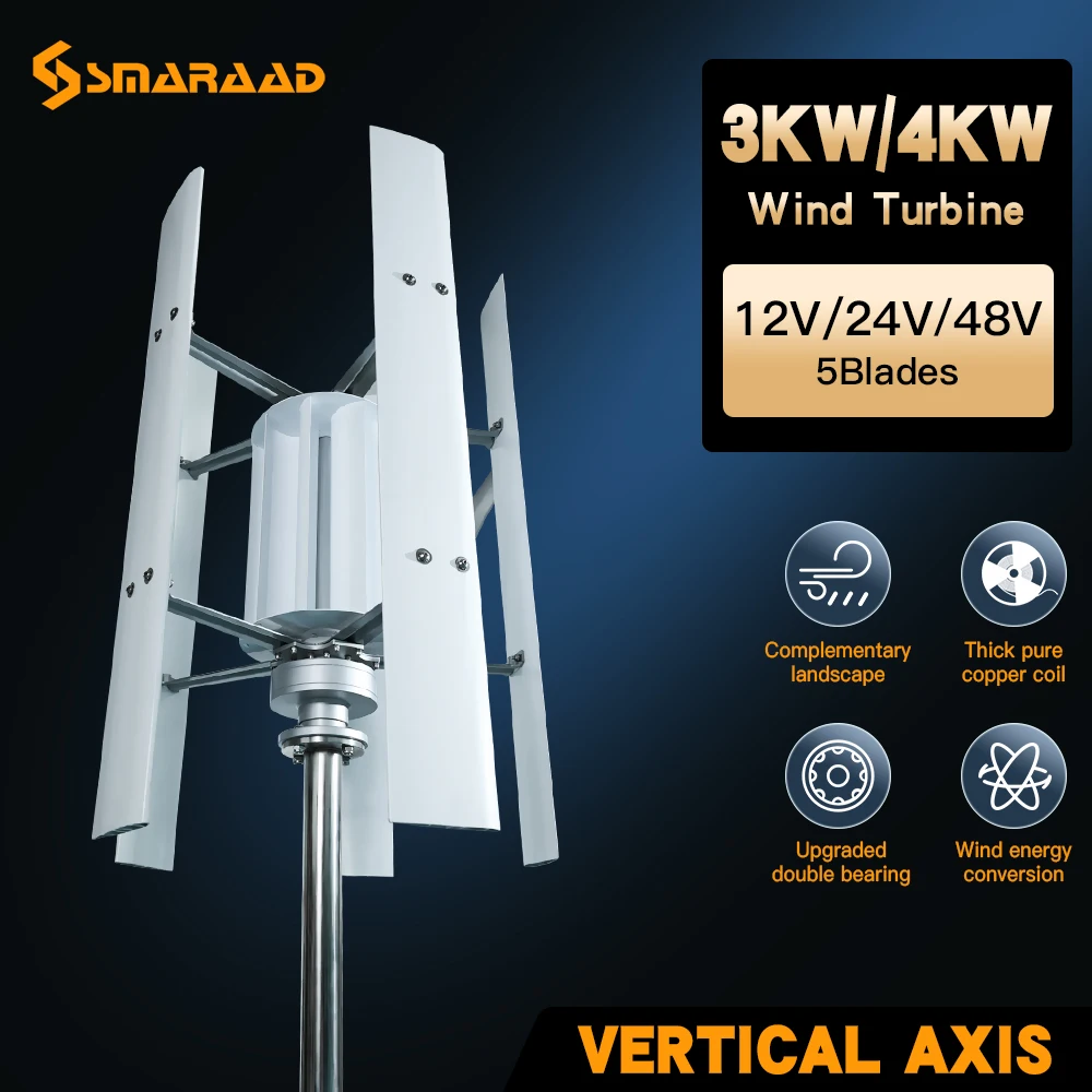 SMARAAD 3KW/4KW Vertical Axis Magnetic Levitation Wind Turbine Free Energy Low Speed Low Noise Household Farm 220V