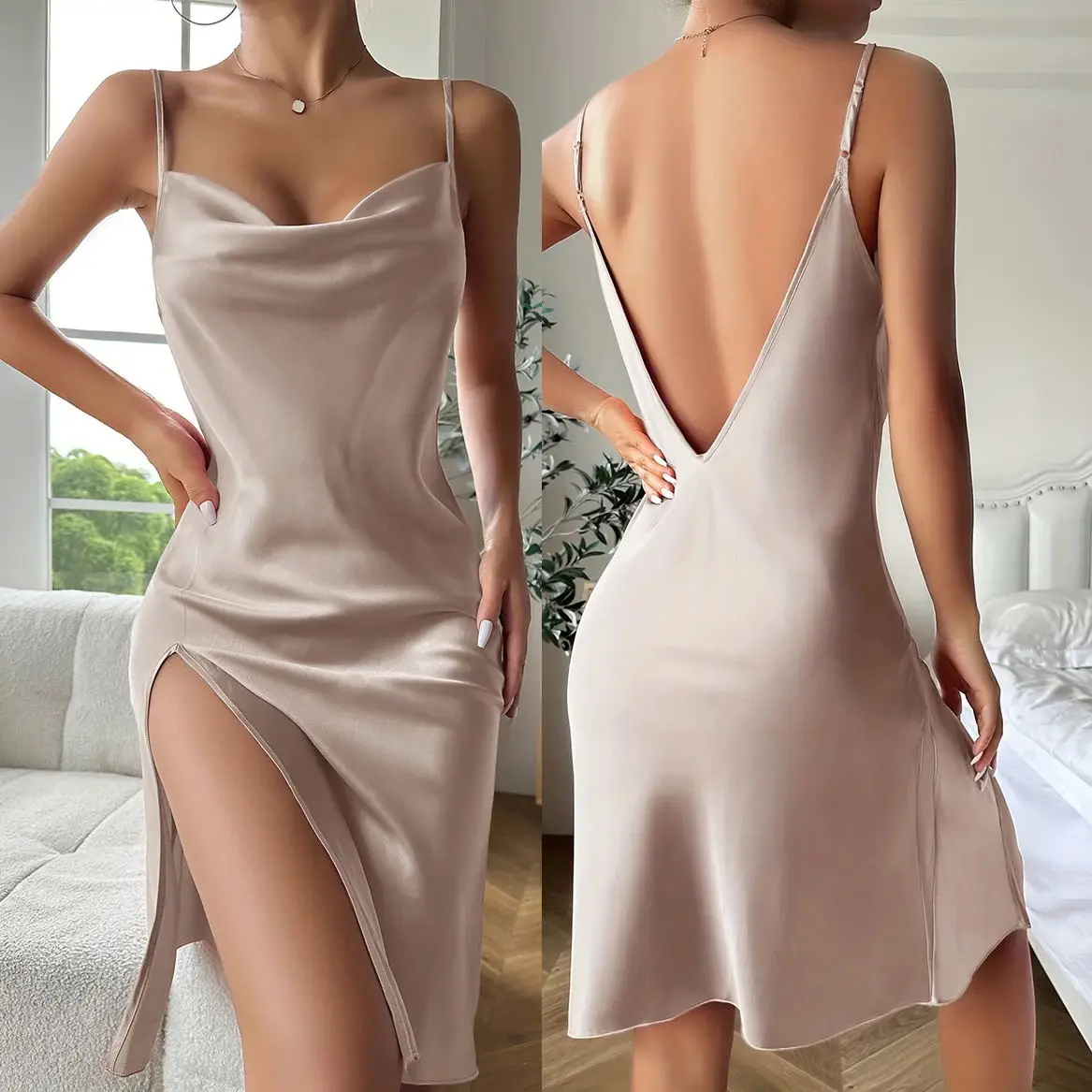 Summer New Chemise Nightgown Sexy Backless Spaghetti Strap Nightdress Sleepwear Women Loose Satin Home Wear Intimate Lingerie