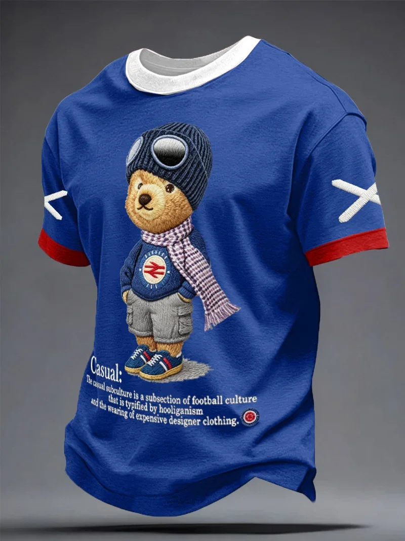 Fashion Pilot Bear Scarf Casual Football Culture Text Pattern T-shirt Retro Street Style Short Sleeve T-shirt