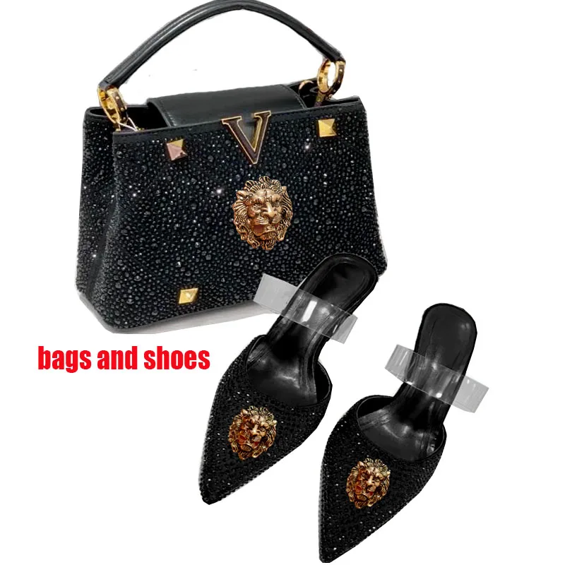 

High-end diamond black women's slippers fish-mouthed back hollow lion cool slippers Rhinestone slippers chain bag set B9