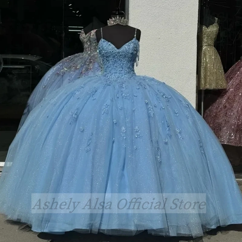 Maßgeschneidertes babyblaues Quinceanera-Kleid mit Applikation, Spitze, Spaghettiträger, Geburtstagsfeier, mexikanisches Mädchen-Abschlussballkleid, Vestidos de 15 Jahre