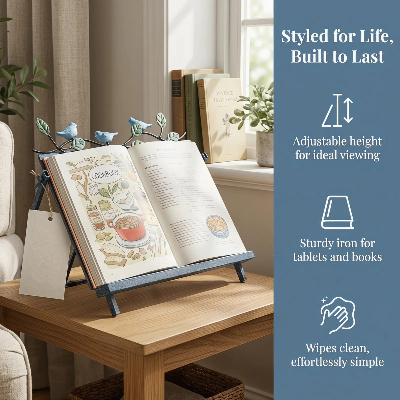 Iron Reading Stand Adjustable Book Display Cookbook Organizer for Kitchen Counter Holders