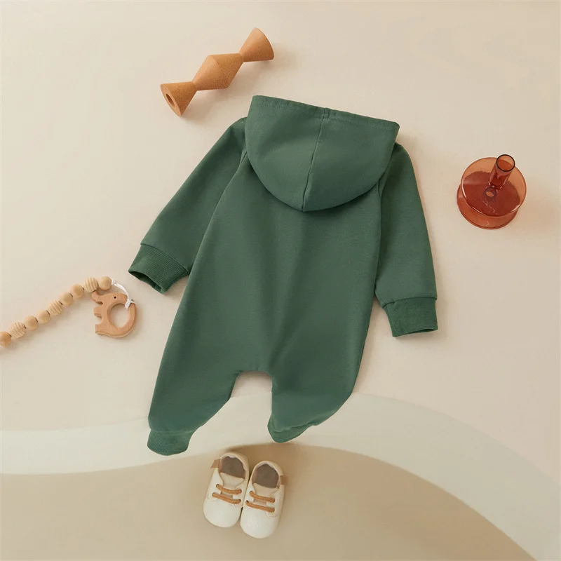 Tregren 0-12M Newborn Baby Boys Girls Jumpsuits Long Sleeve Solid Color Zip Up Hooded Rompers Casual Spring Fall Clothing