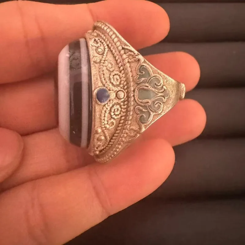Tibetischer Silberring, Seidenaugen-Achat Medizin-Buddha Schafaugen-Rundachat Vintage Ethnischer Unisex-Daumenring – Detail 3