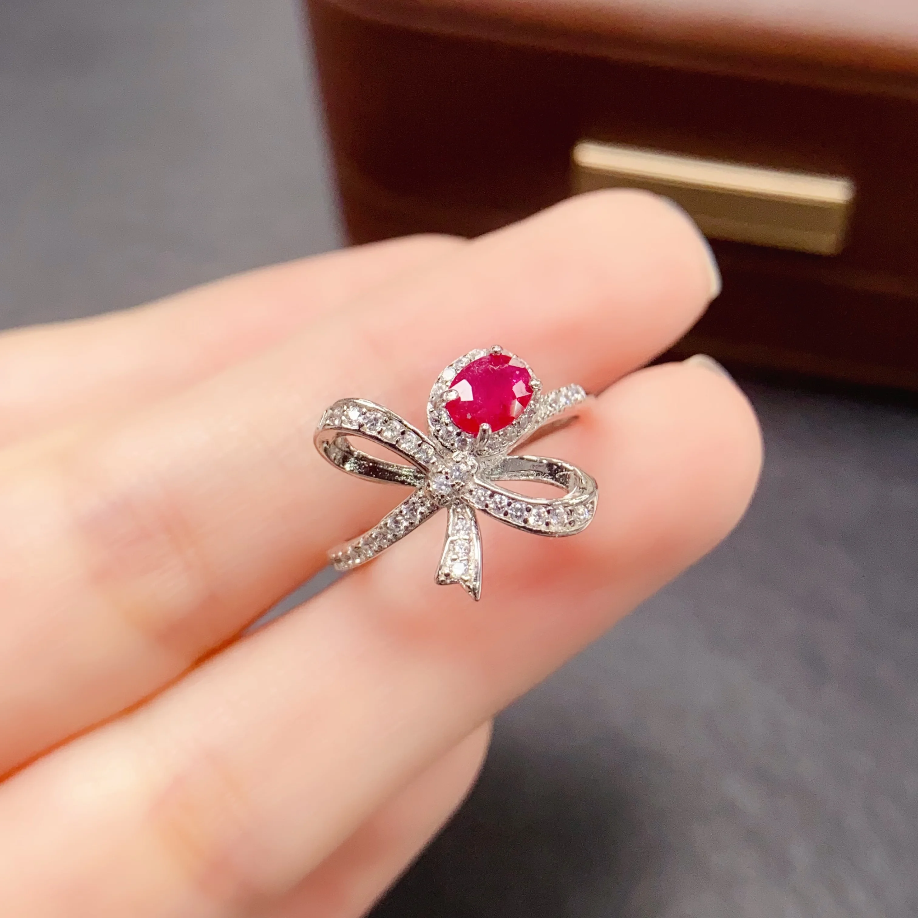 4*5mm Natural Ruby Ring S925 Sterling Silver Certificate Fine Fashion Bow Design Charm Weddings Jewelry for Women FS
