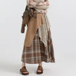 Asymmetrical Prairie Chic Bohemia Sweet Patchwork Panelled Plaid Women Autumn Winter New High Waist Casual Lace Aesthetic Skirts