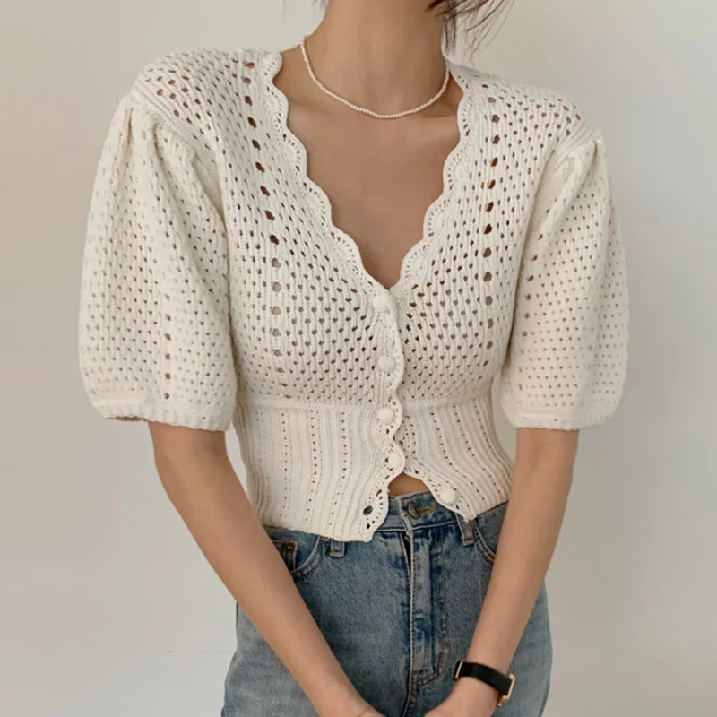 

Korean Women's Short-sleeved Knitted Cardigan Celebrity Hollowed Outerwear Knit Shirt V-neck Waisted Bubble Sleeve Short Tops