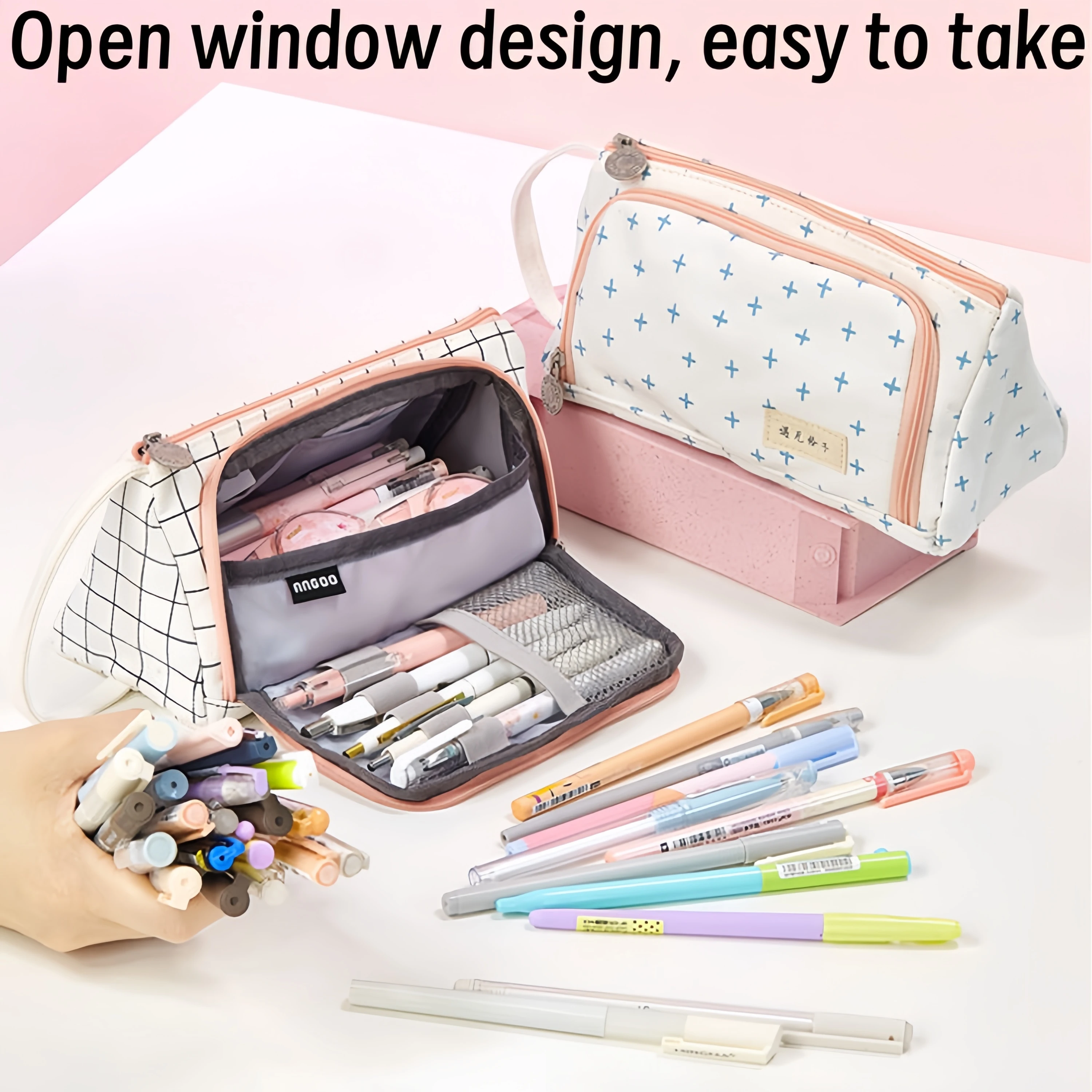 Canvas triangular simple aesthetic stationery box, large capacity portable pencil bag, suitable for student office use