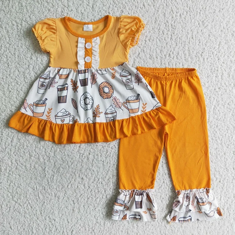

Toddler Baby Girls Fashion Orange Girls Autumn Pumpkin Short Sleeve Pants Set Boutique Children Outfits Wholesale Kids Clothing