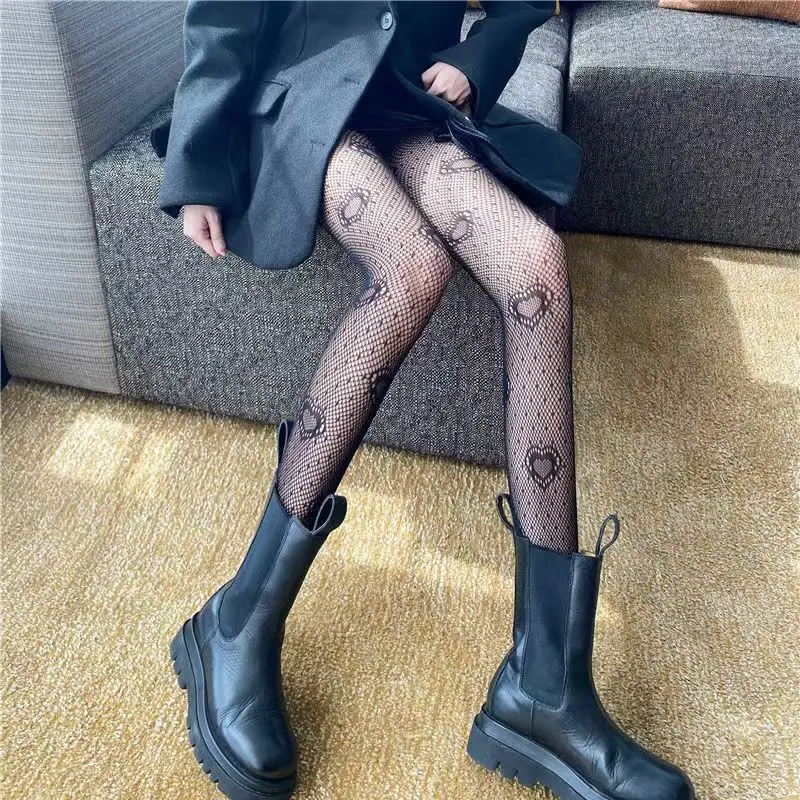 Heart jacquard Stockings Japanese Girl Lolita Mesh Tights Black White Fishnet Pantyhose Female for Women Summer Legging Stocking