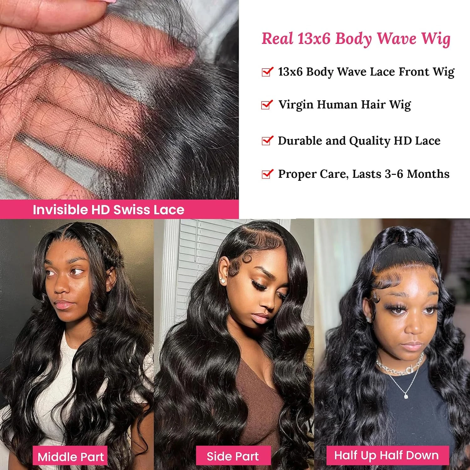Body Wave Lace Front Wigs Human Hair 13x6 HD Body Wave Human Hair Wig Natural Black Glueless Lace Frontal Wigs 220% Density Pre Plucked with Baby Hair view 4