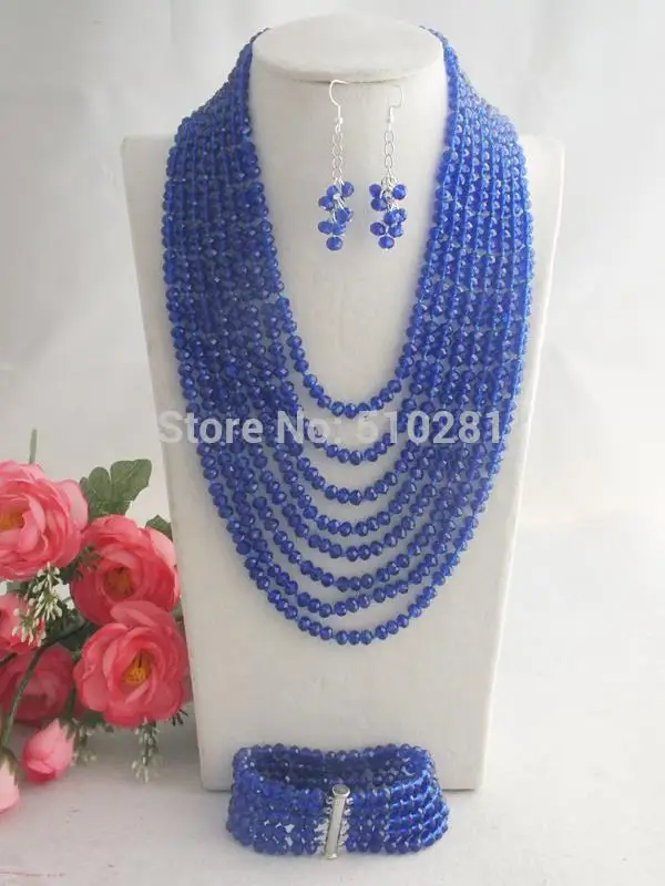 8row  royal blue crystal necklace, bracelet, earrings. set , European Bridal Wedding Jewelry