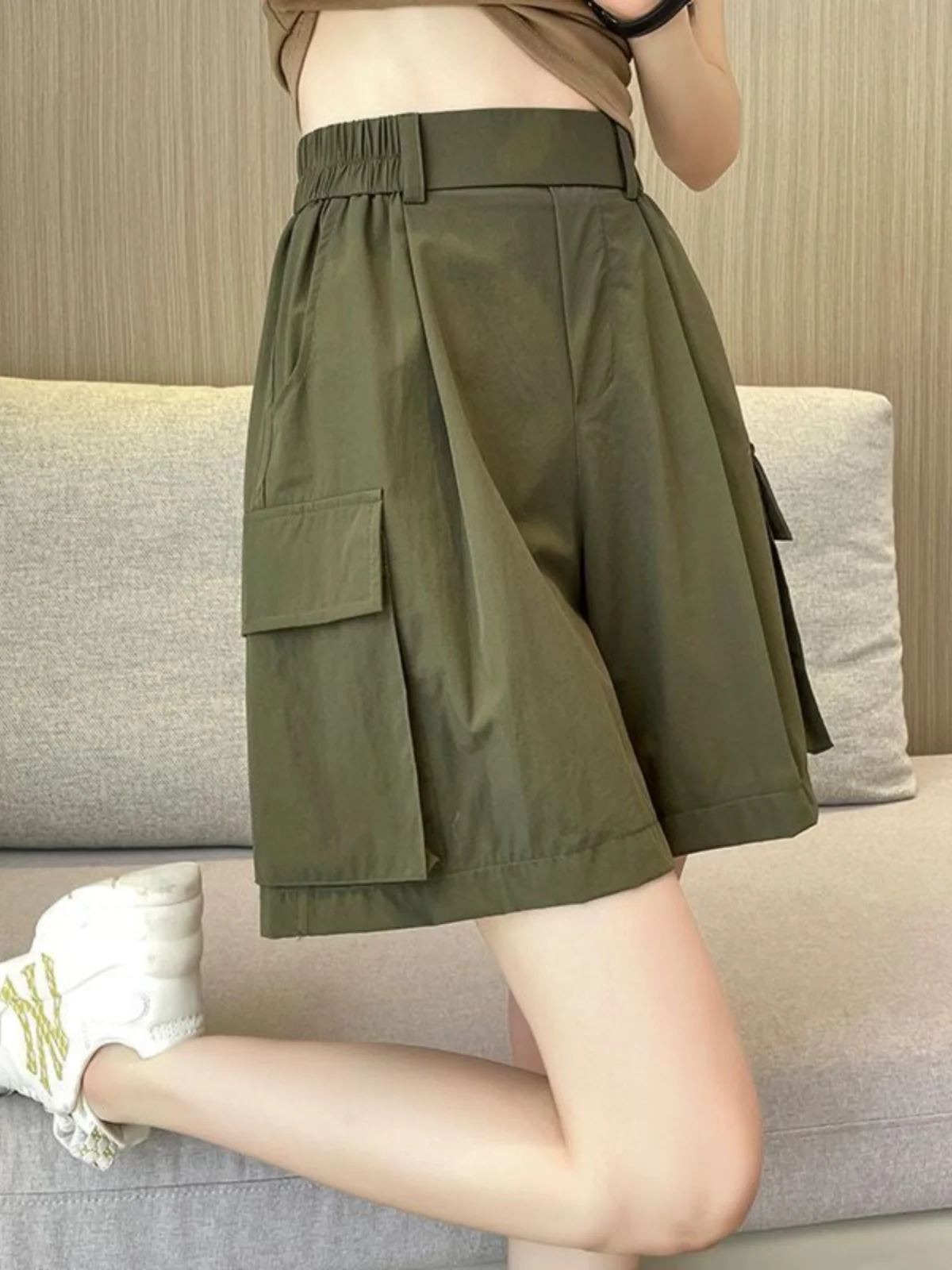 Quick Dry Thin Workwear Shorts Women Summer High Waist Wide Leg mid Length Pants Military Green Small Size Slimming Sports Fi...