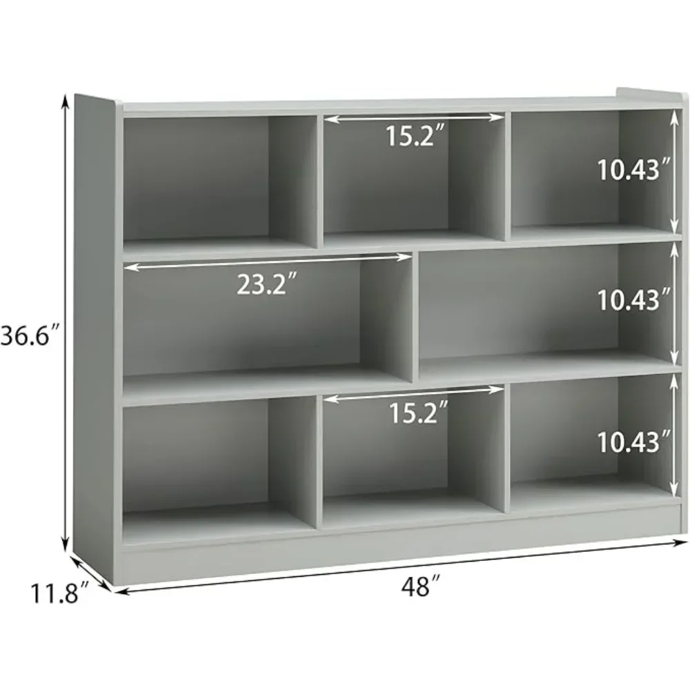 3-Tier Bookshelf, 8-Section Wooden Bookcase with Anti-Tilt Device, Modern Storage Cabinet for Living Room, Bedroom, Grey