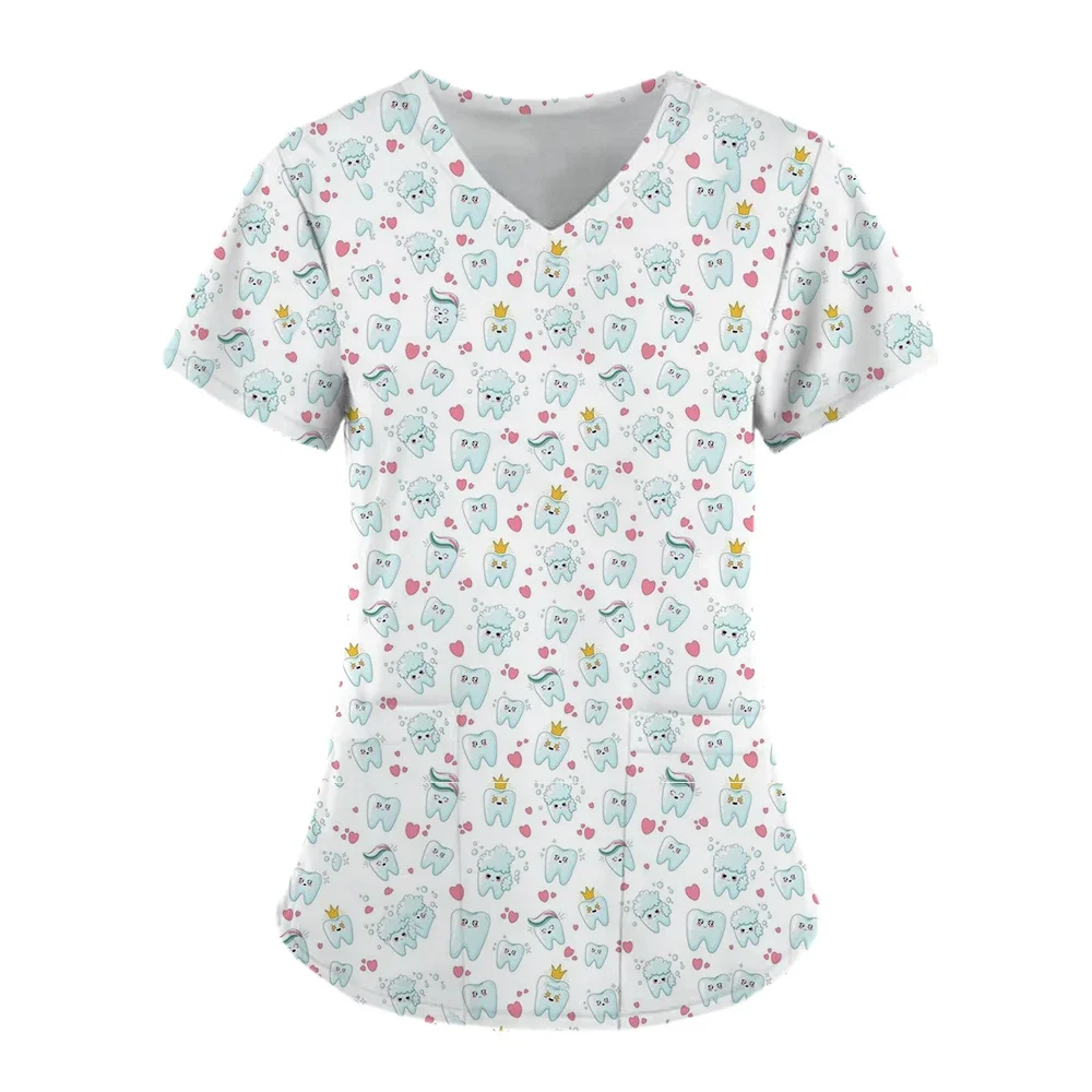 Cartoon Teeth Scrub Tops Women T-Shirt Dentist Working Uniform Nurse Scrub Uniforme Medicos Para Mujer Tooth Hospital Workwear