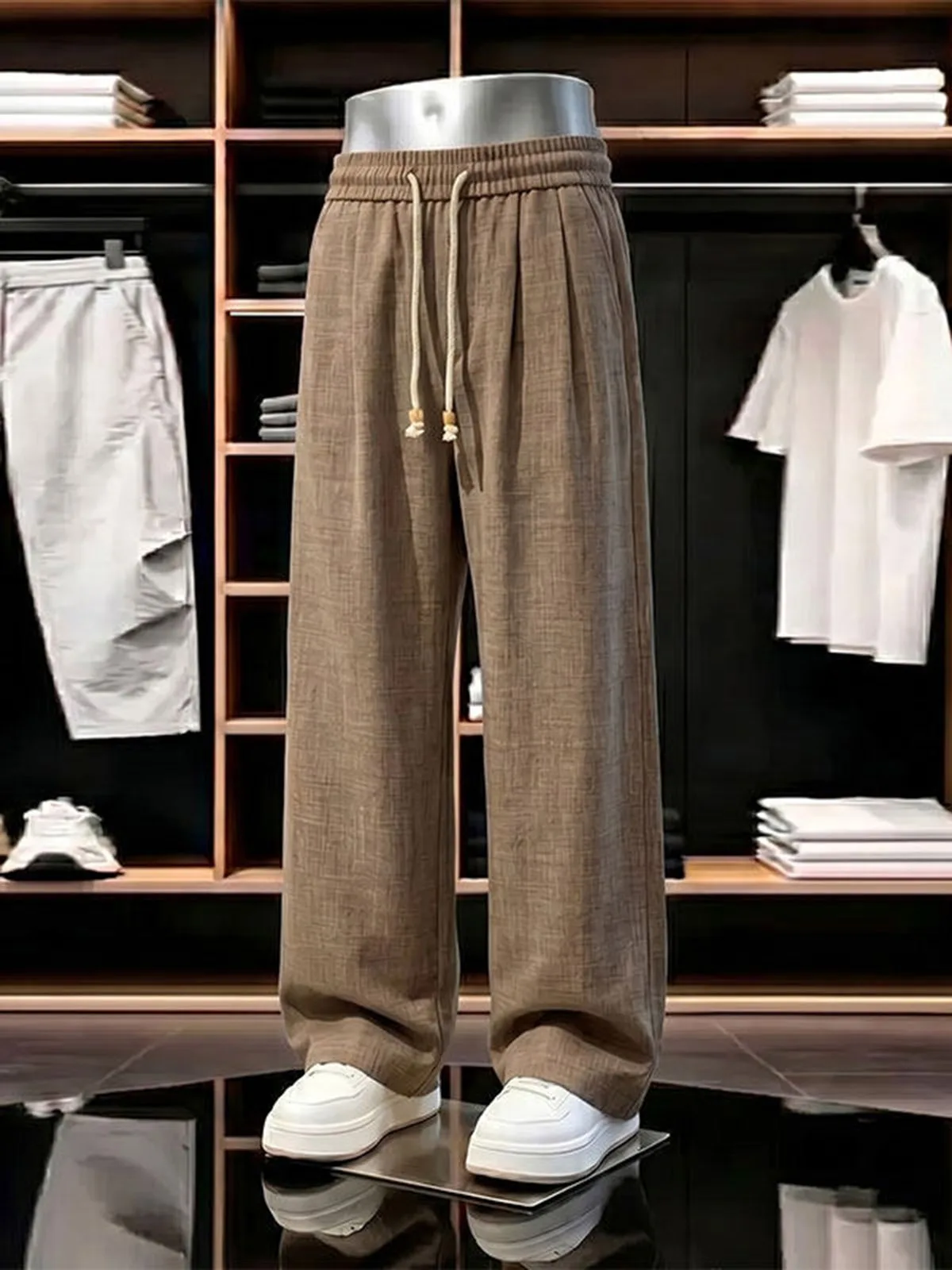 Lightweight Breathable Ice Silk Men's Casual Pants Loose Straight Leg Wide Leg Trousers Coffee Color Old Money Style Linen Si...