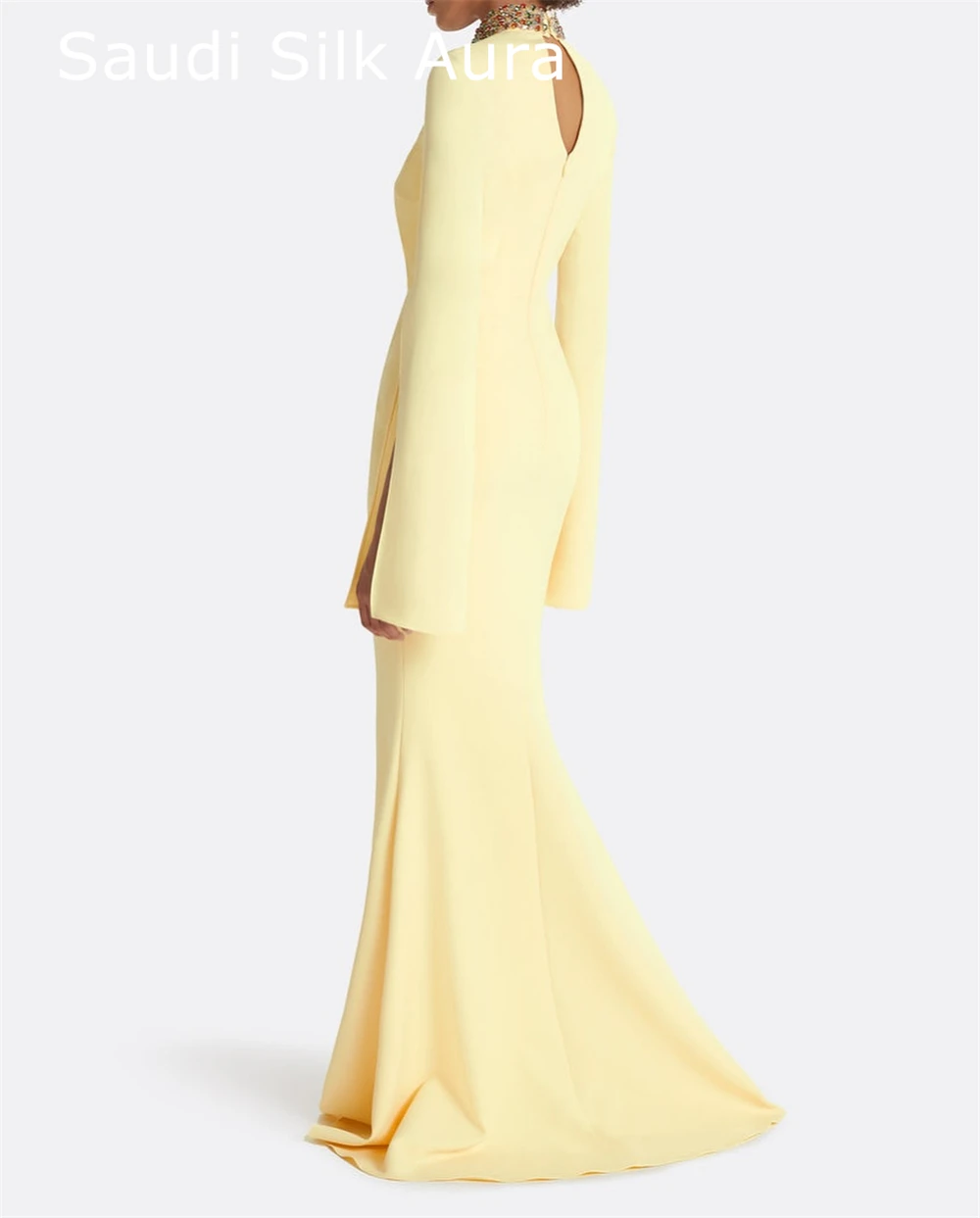 Aangepaste klassieke gele jersey avondjurk mode ronde hals lange mouwen feestjurk delicate rechte beroemdheidsjurken