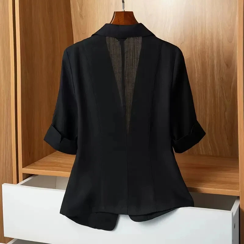 Black Solid Casual Turn-Down Collar Single Button Short Sleeve Women's Jacket Korean Fashion Suit Blazer Short Jackets Coat 2025