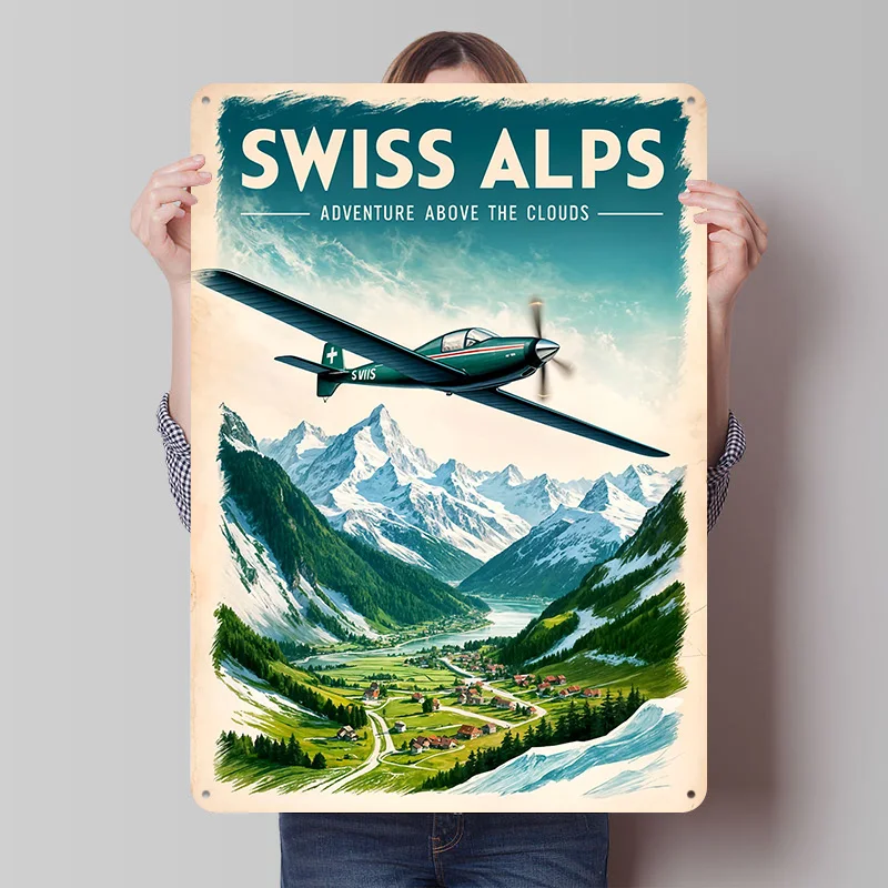 Vintage Travel Swiss Alps Adventure Metal Poster Custom Wall Art Retro Vintage Tinplate Signs for Man Cave Decoration Bedroom