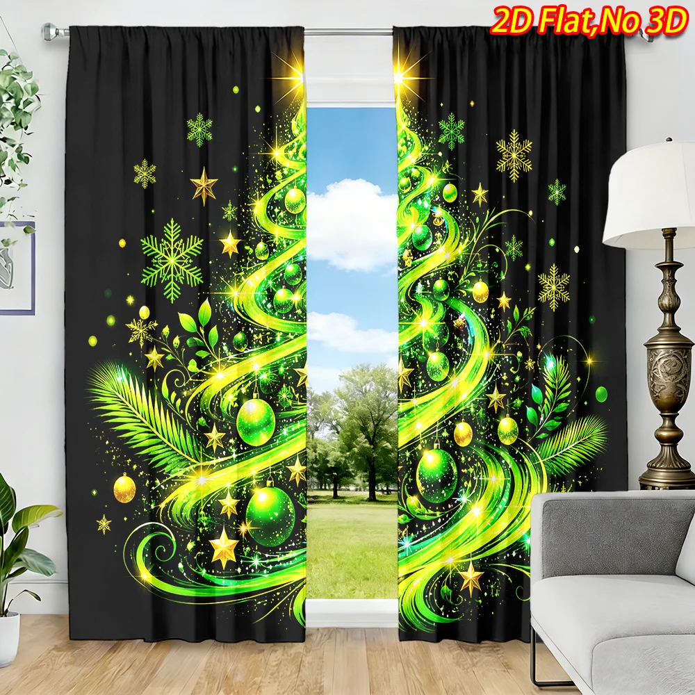 Green Christmas Tree Curtains Festive Xmas Snowflake Print Drapes Holiday Window Treatment for Living Room Bedroom DecorBlackout