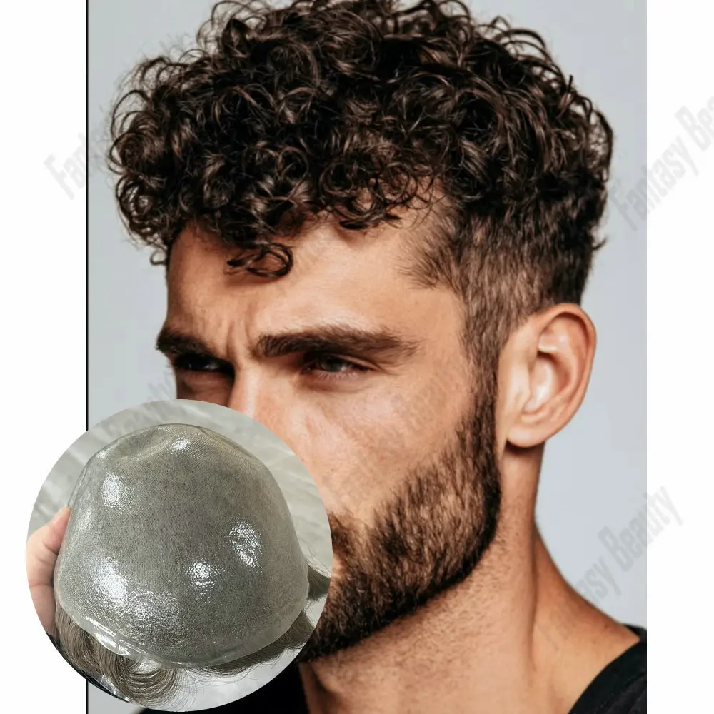 18mm Curly Men's Toupee Undetectable 0.06mm Vloop Thin Skin Base Durable Men Capillary Prothesis Grey Black Blonde Human Hair
