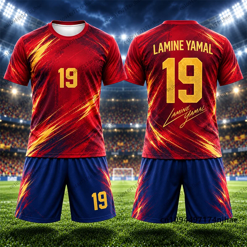 Kinder-Trainingsanzug Spanien Fans Yamal # 19 Bedrucktes T-Shirt+Shorts-Set Fußball-Sportanzug Trainingsanzug für Kinder/Erwachsene 2-teiliges Outfit – Detail 5