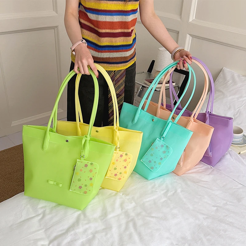 

﻿ Candy Color Jelly Bag For Women High Quality Waterproof Pvc Shopping Bag Big Capacity Beach Shoulder Bag Designer Bucket Tote