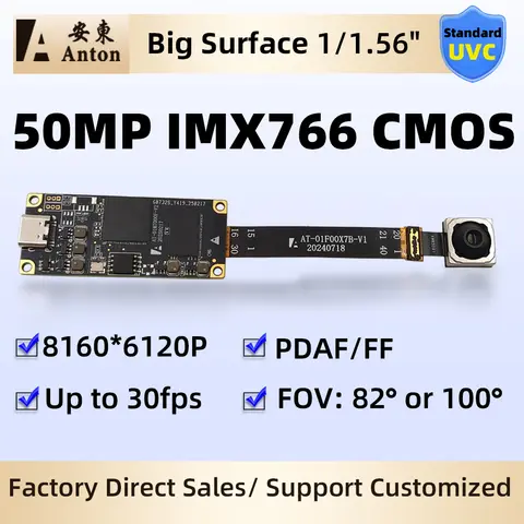 50MP IMX766 USB Camera Module PDAF Auto Focus AF No Distortion 8160x6120 FOV100 Degree Webcam Type-c/5Pin FPC Cable Free Driver