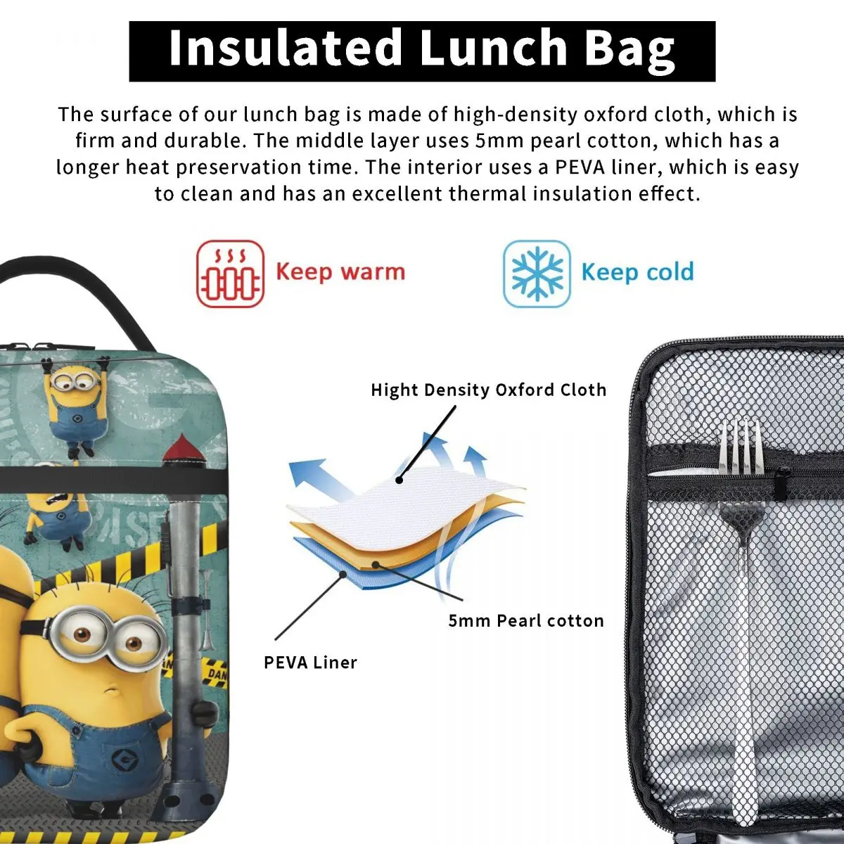 حقيبة تبريد معزولة لأكياس الغداء من إم مينيونز كيفن تيم   حاوية الغداء Despicable Me عالية السعة حمل صندوق الغداء بينتو الحقيبة