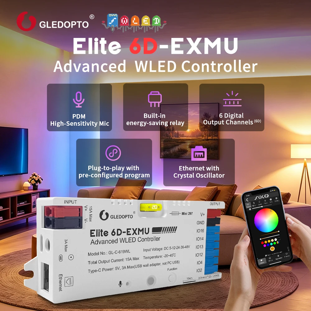 GLEDOPTO Elite 6-Channel WLED Controller Ethernet Mic 6D-EXMU Advanced WLED Controller 15A DC5-48V