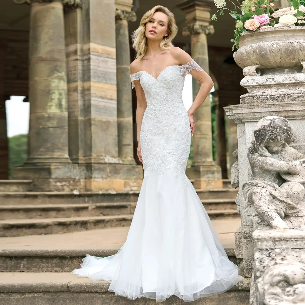 

Mermaid Off Shoulder Sleeveless Wedding Dresses Applique Lace Up Bridal Grown Customized Open Back Illusion Vestidos De Novia