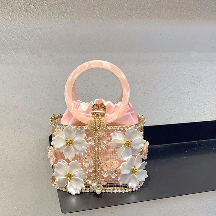 

Sparkly Rhinestone Evening Bag Retro Acrylic Handle Crystal Bucket Purse for Women Y2K Openwork Flower Birdcage Bag Party Clutch