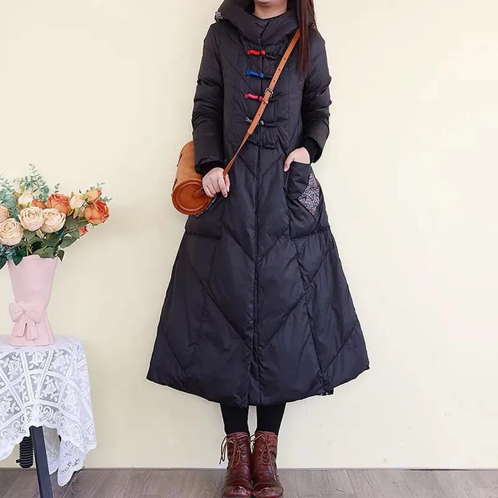 Chinese Style White Duck Down Jacket Knee Length Winter Buckle Hot Selling Warm Mid Length Cotton Coat Female Casual Outerwears