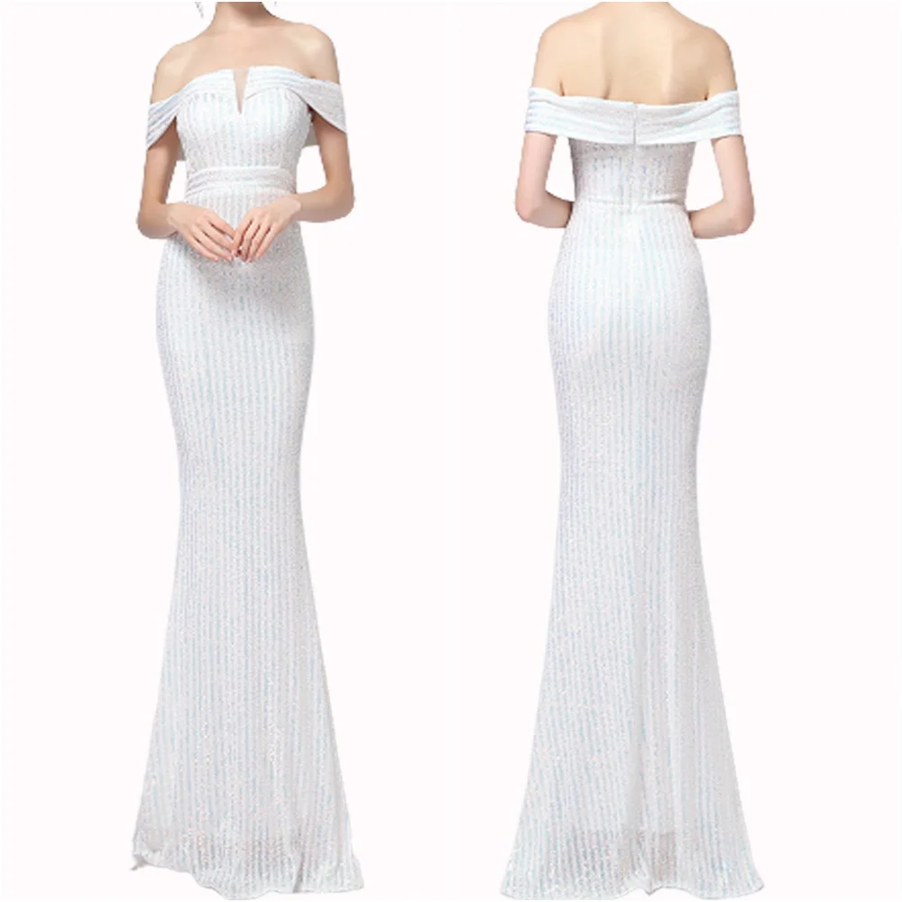 

Off Shoulder Sequined White Mermaid Prom Dresses Long Twill Lace Evening Gown Side Sleeves Triangle V Neck Women Formal Dres