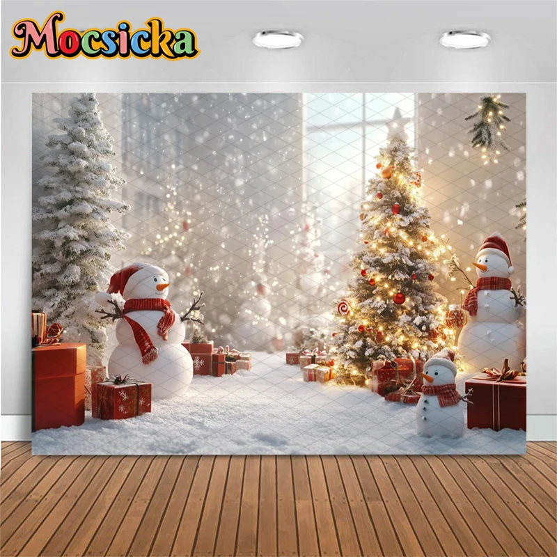 

Mocsicka Christmas Tree Background For Photography Winter Snowman Baby Kids Photo Backdrops Gifts Snowflake Decors Studio Banner