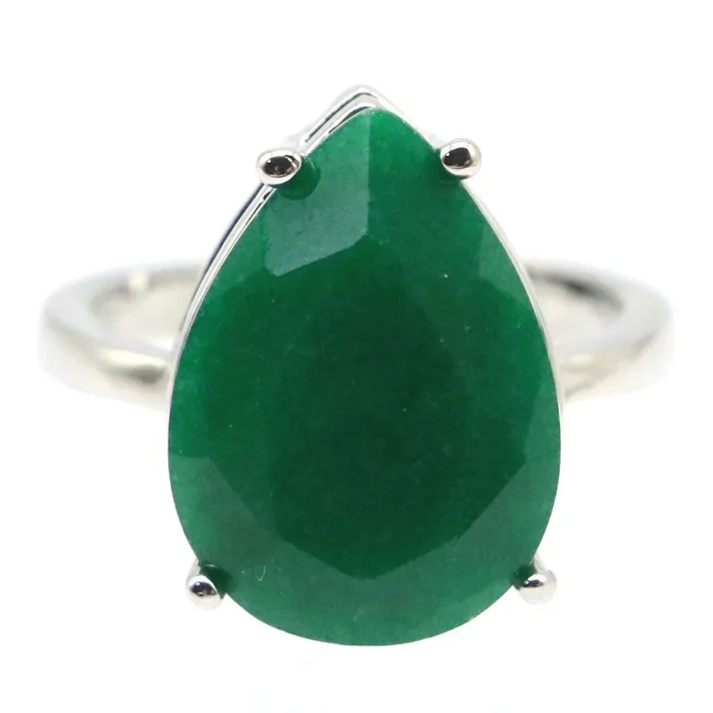 

18x13mm SheCrown Big Gemstone Real Green Emerald Water Drop Ladies Daily Wear Silver Rings Many Sizes 6-11